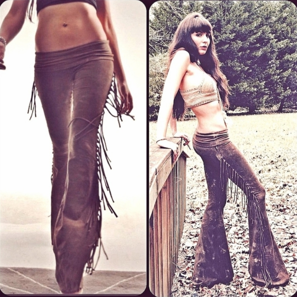 Hiphugger Fringe Bell Bottoms in BROWN TIE DYE - XS S M L XL Vintage 70s Leather - Picture 4 of 13